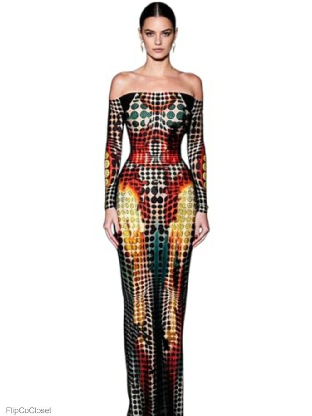 Women's 3D Geometric Print Off Shoulder Long Sleeve Bodycon Maxi Dress